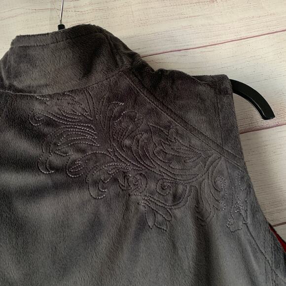 Charcoal Gray and Pink Reversible Zip Up Vest Fleece Embroidered Floral - Picture 15 of 16